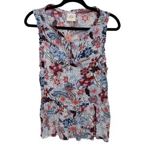 Knox Rose Peplum Top Womens XS Blue Pink Floral Sleeveless Tie Neck Blouse